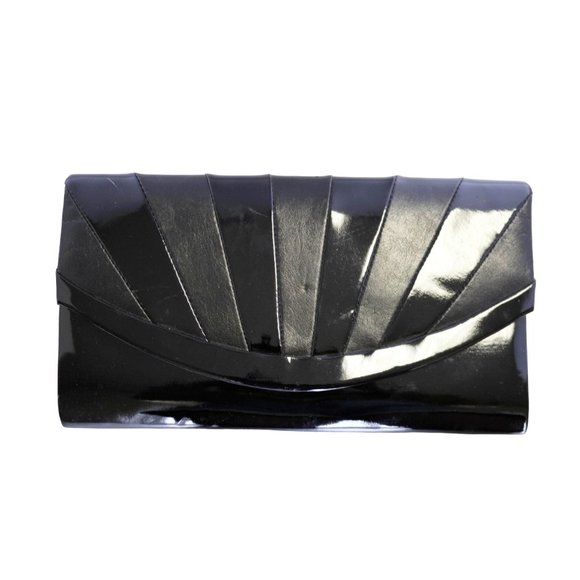 Black Patent Leather Structured Envelope Clutch Bag Vintage 70s Accessory - Picture 2 of 6